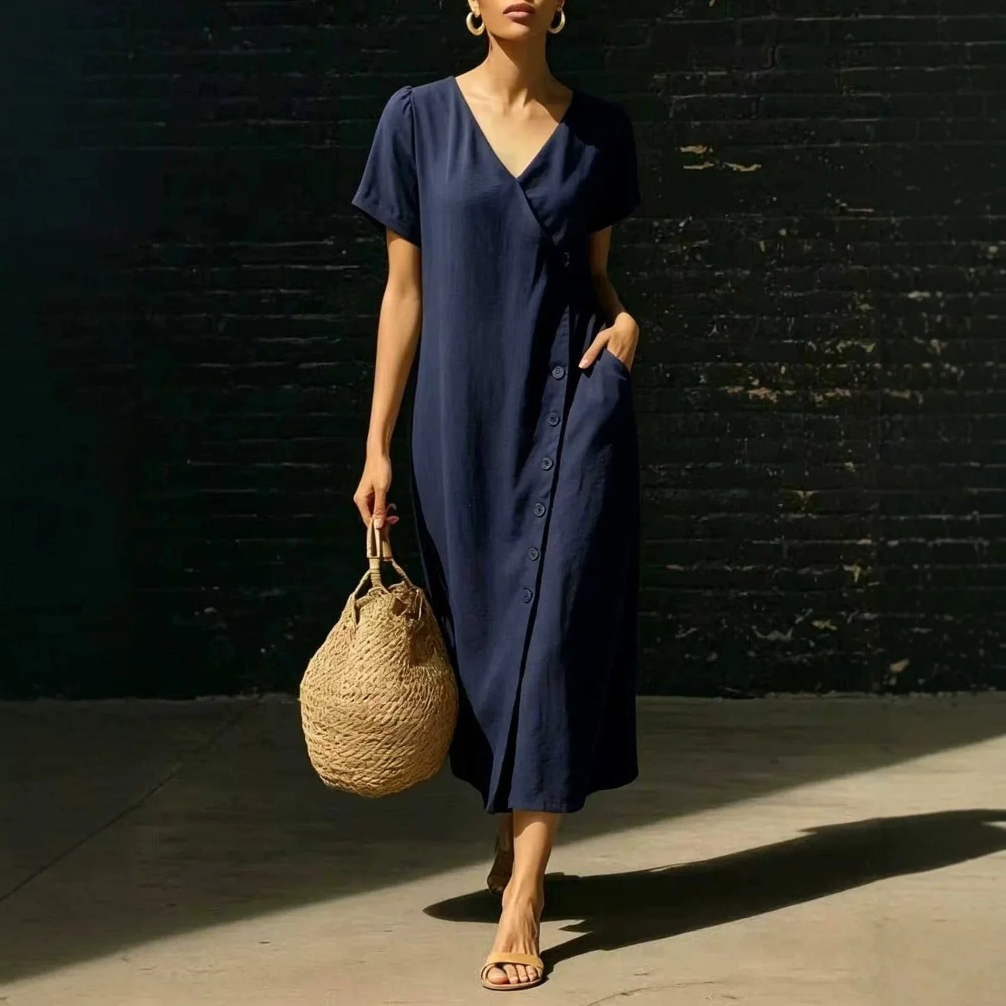 Vestido Midi Clarisa™ Com Decote em V e Botões Chiques / Um Visual Sofisticado Sem Esforço