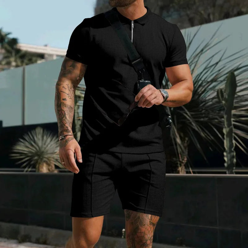 Conjunto Pietro™ em Malha Texturizada Premium com Camisa Gola Polo de Zíper