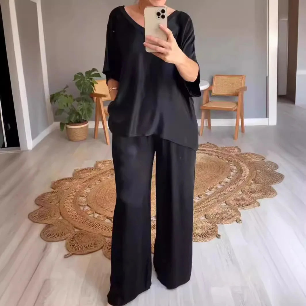 Conjunto Marevielle™ em Tecido Acetinado com Blusa Ampla e Pantalona Fluida
