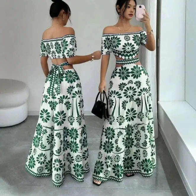 Vestido Amalina™ Com Decote Ombro A Ombro, Cintura Vazada e Estampa Chique / Visual Leve Com Toque Sofisticado