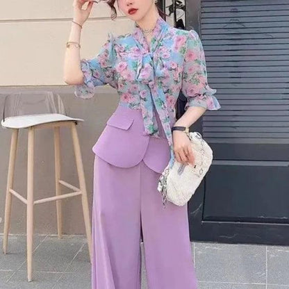 Conjunto Floribella™ em Chiffon com Blusa Floral + Calça Palazzo / O Look Que Deixa Qualquer Mulher Exalando Elegancia e Glamour!