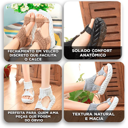 Sandália Livorno™ com Tiras em Tricô Artesanal e Solado Confort / Estilo Natural com Toque Contemporâneo para Seus Dias de Leveza!