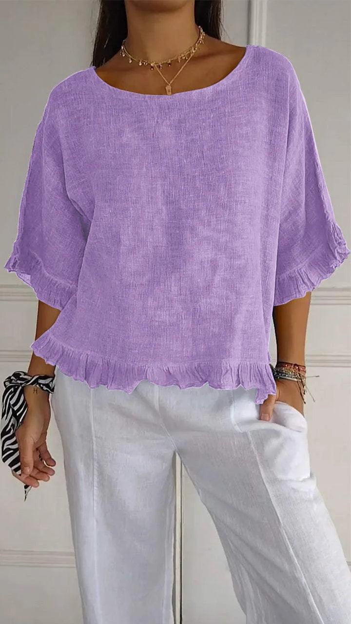 [BLACK FRIDAY - COMPRE 2 E LEVE 3] Blusinha Bellatriz™ com Babado e Caimento Solto em Algodão/ Conforto e Estilo para Mulheres Modernas!