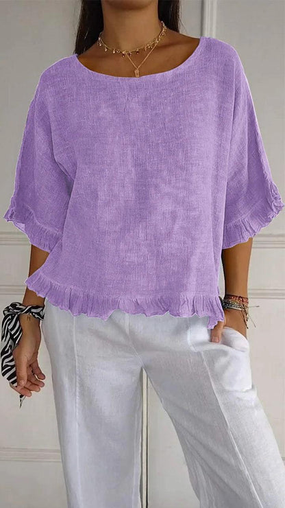 [BLACK FRIDAY - COMPRE 2 E LEVE 3] Blusinha Bellatriz™ com Babado e Caimento Solto em Algodão/ Conforto e Estilo para Mulheres Modernas!