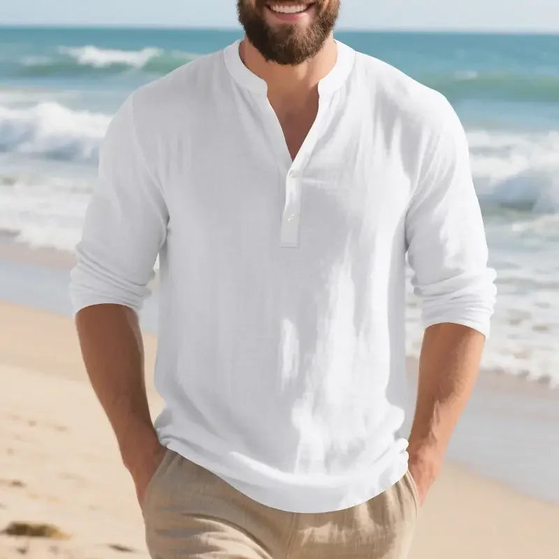 Camisa Orvian™ em Linho Premium com Gola Henley minimalista