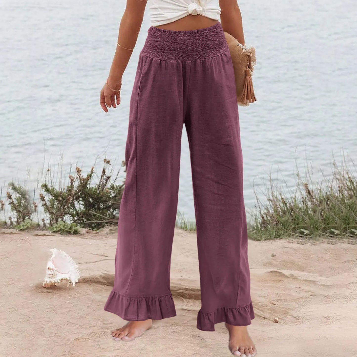 Calça Amaris™ em Linho com Algodão, Cintura Alta Modeladora e Babados Delicados
