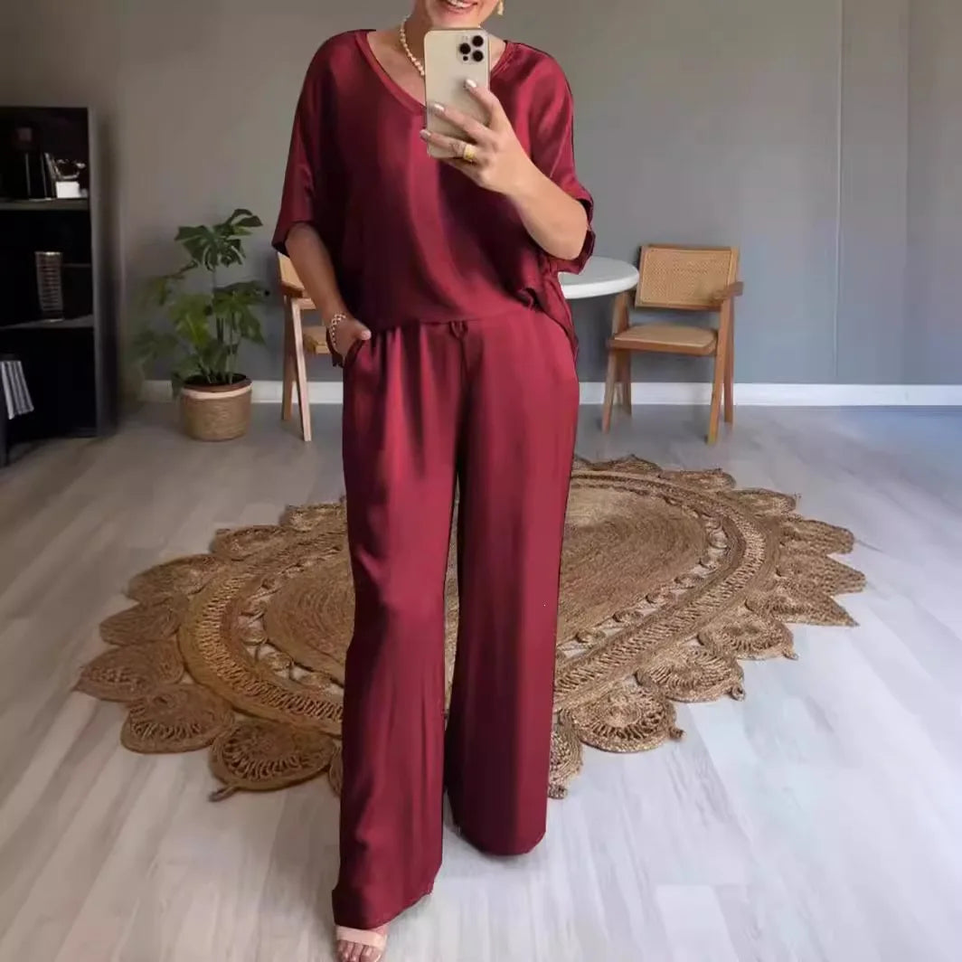 Conjunto Marevielle™ em Tecido Acetinado com Blusa Ampla e Pantalona Fluida