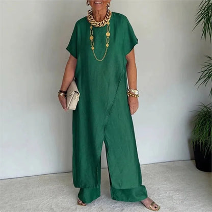 Conjunto Aurenya™ Com Túnica Assimétrica e Pantalona Fluida