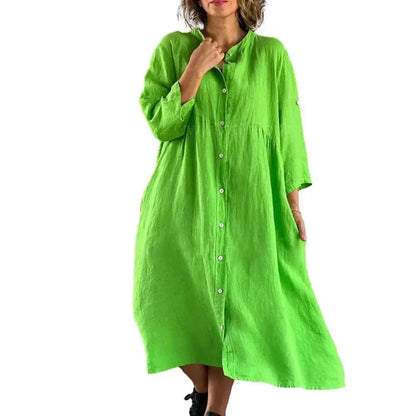 [COMPRE 1 E LEVE 2] Vestido Savannah Breeze™ em Linho de Algodão com Botões Frontais / Elegância Tropical com Leveza e Sofisticação!
