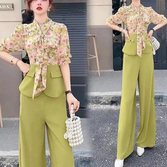 Conjunto Floribella™ em Chiffon com Blusa Floral + Calça Palazzo / O Look Que Deixa Qualquer Mulher Exalando Elegancia e Glamour!