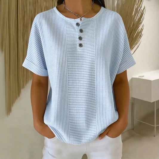 Blusa Euddora™ Com Listras Delicadas e Botões Frontais