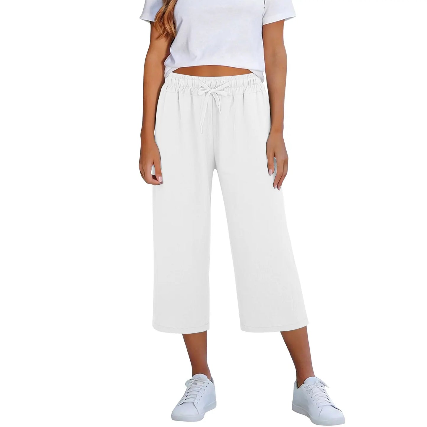 Calça Lisia™ Pantacourt em Linho de Algodão com Cintura Elástica e Cordão Ajustável / Conforto Leve Para Usar Todos Os Dias!