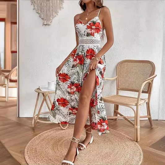 Vestido Longo Garden™ com Cintura Rendada e Fenda Elegante