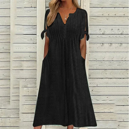 Vestido Mirielle™ com Bordado Artesanal Delicado e Mangas Laço / O Look Perfeito para Dias de Sol e Leveza!