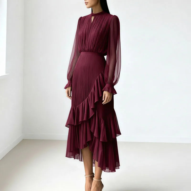 Vestido Lioren™ com Plissado Sofisticado e Babados Assimétricos
