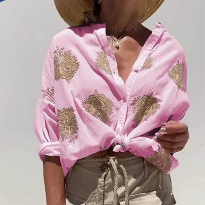 Camisa Palace™ em Algodão com Estampas Barrocas Bordadas em Dourado / A Sofisticação da Moda Europeia no Seu Estilo!