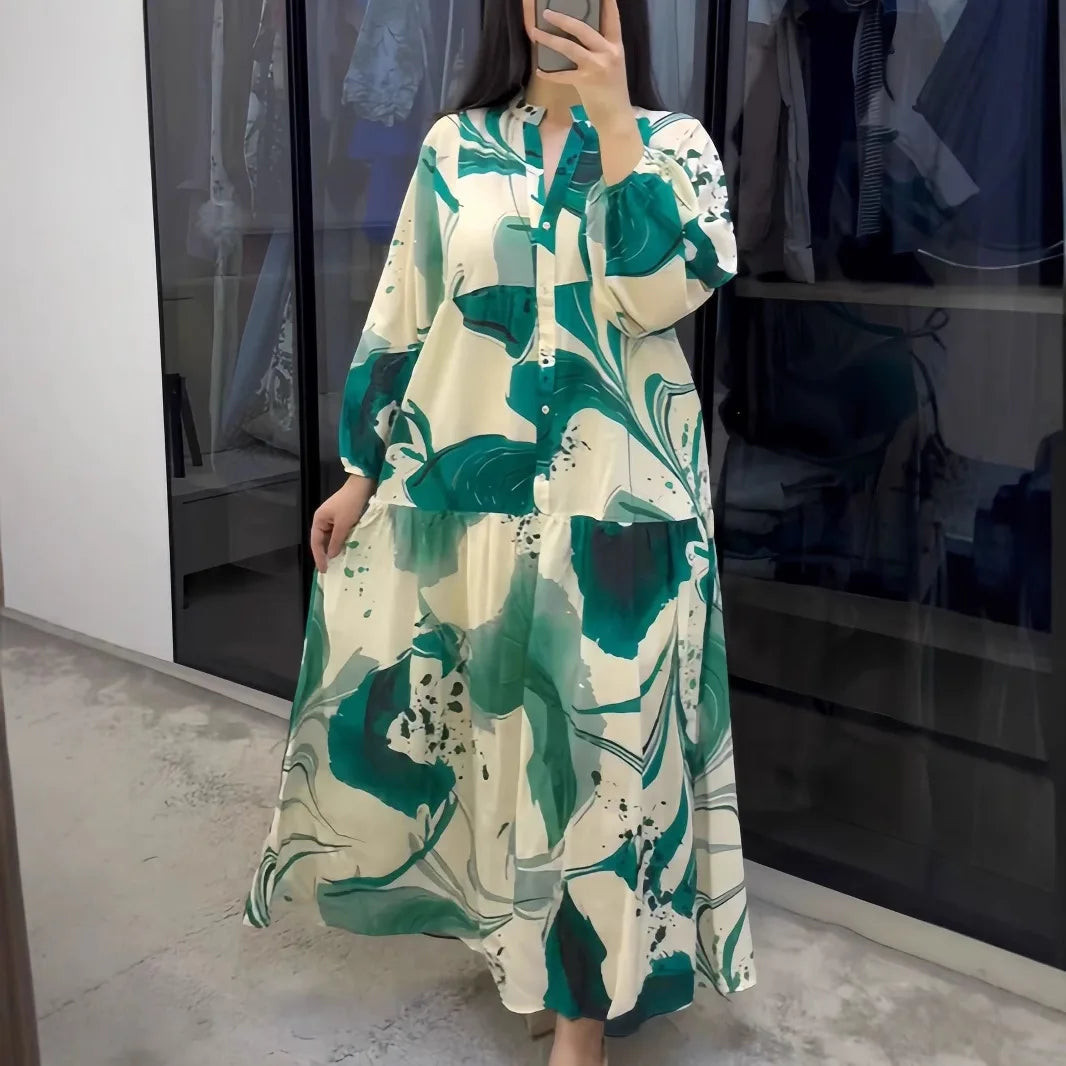 Vestido Longo Yumi™ em Viscose Premium com Fechamento Frontal de Botões
