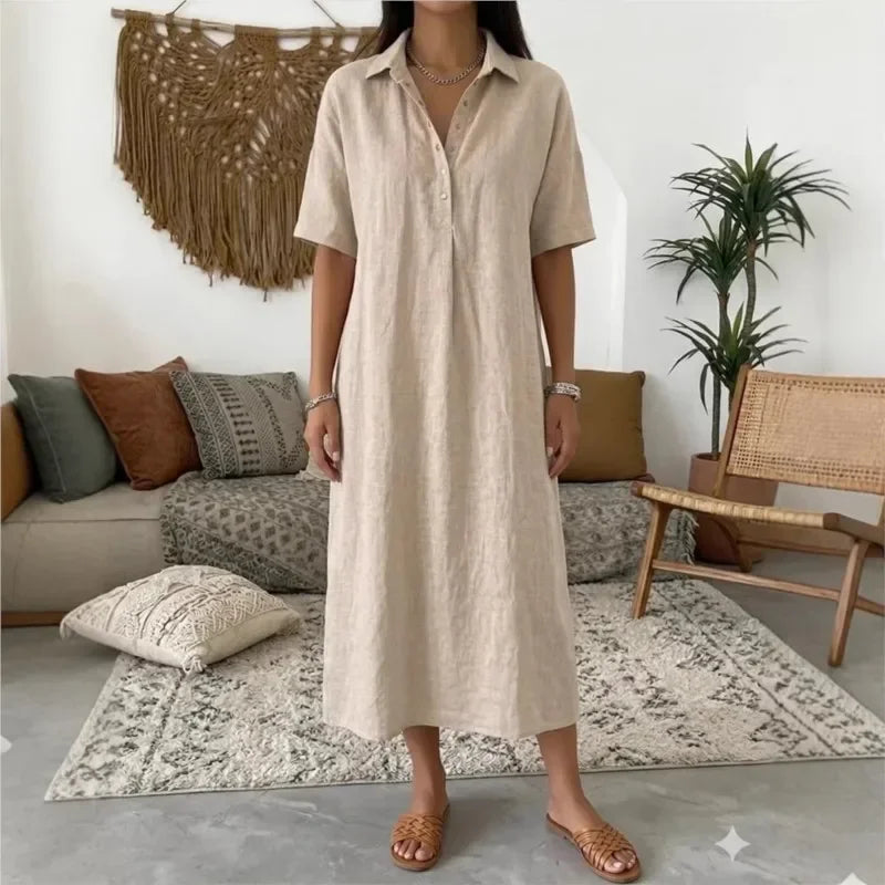 Vestido Bianca™ em Linho com Colarinho Clássico e Botões Frontais