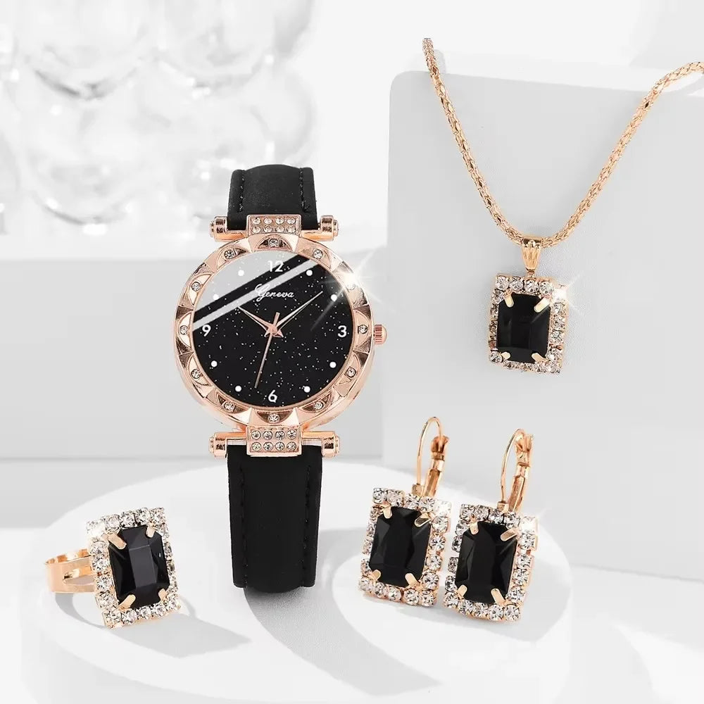 [COMPRE 1, LEVE 3] Conjunto 4 em 1 com Relógio e Joias Cravejadas Royale Noir™/ Luxo Intenso e Elegância Atemporal!