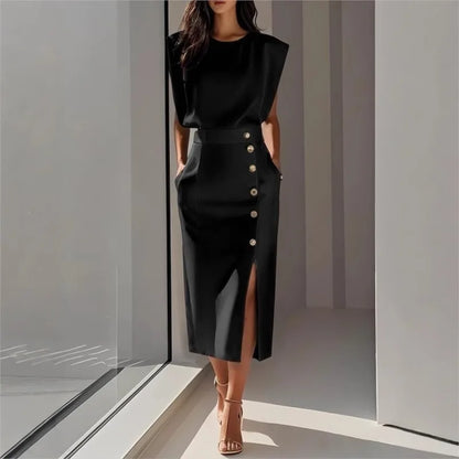 Vestido Maelle™ Midi com Ombros Estruturados, Botões Chiques e Fenda Frontal / Presença Elegante Para Ocasiões Marcantes