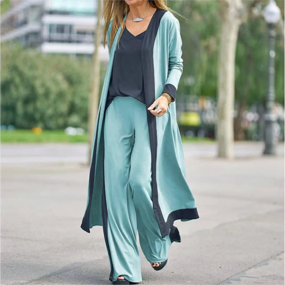 Conjunto Seravelle™ com Cardigan Longo, Blusa de Decote em V e Calça Pantalona / Três Peças Para Um Visual Completo e Refinado