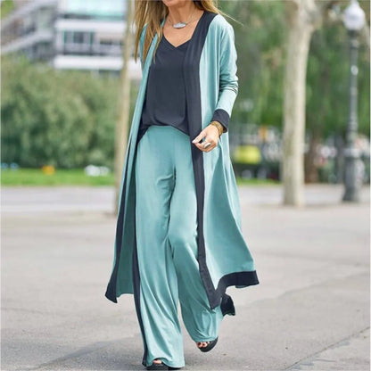 Conjunto Seravelle™ com Cardigan Longo, Blusa de Decote em V e Calça Pantalona / Três Peças Para Um Visual Completo e Refinado
