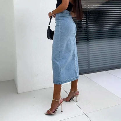 Saia Lorena™ Jeans com Abotoamento Frontal e Fenda Elegante