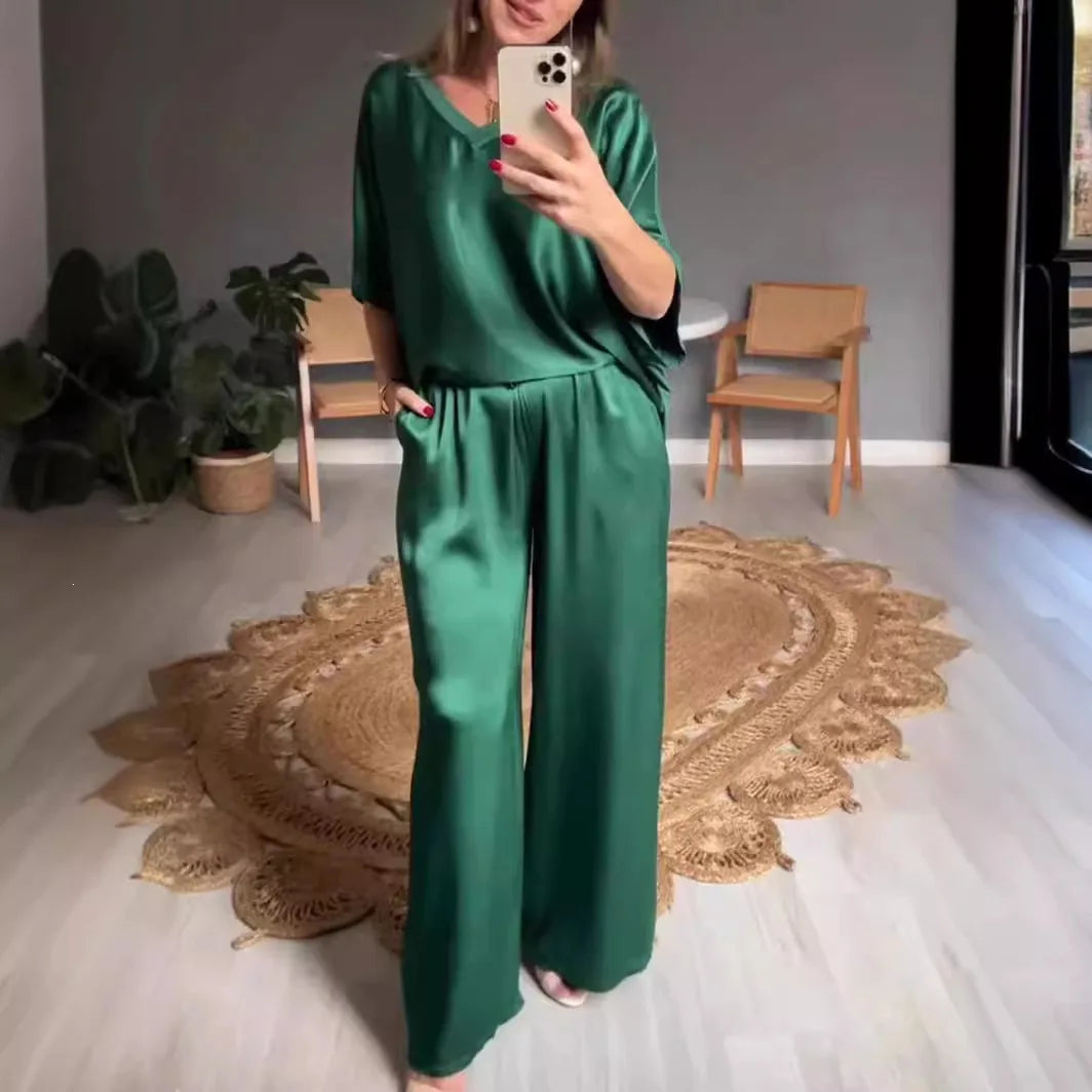 Conjunto Marevielle™ em Tecido Acetinado com Blusa Ampla e Pantalona Fluida