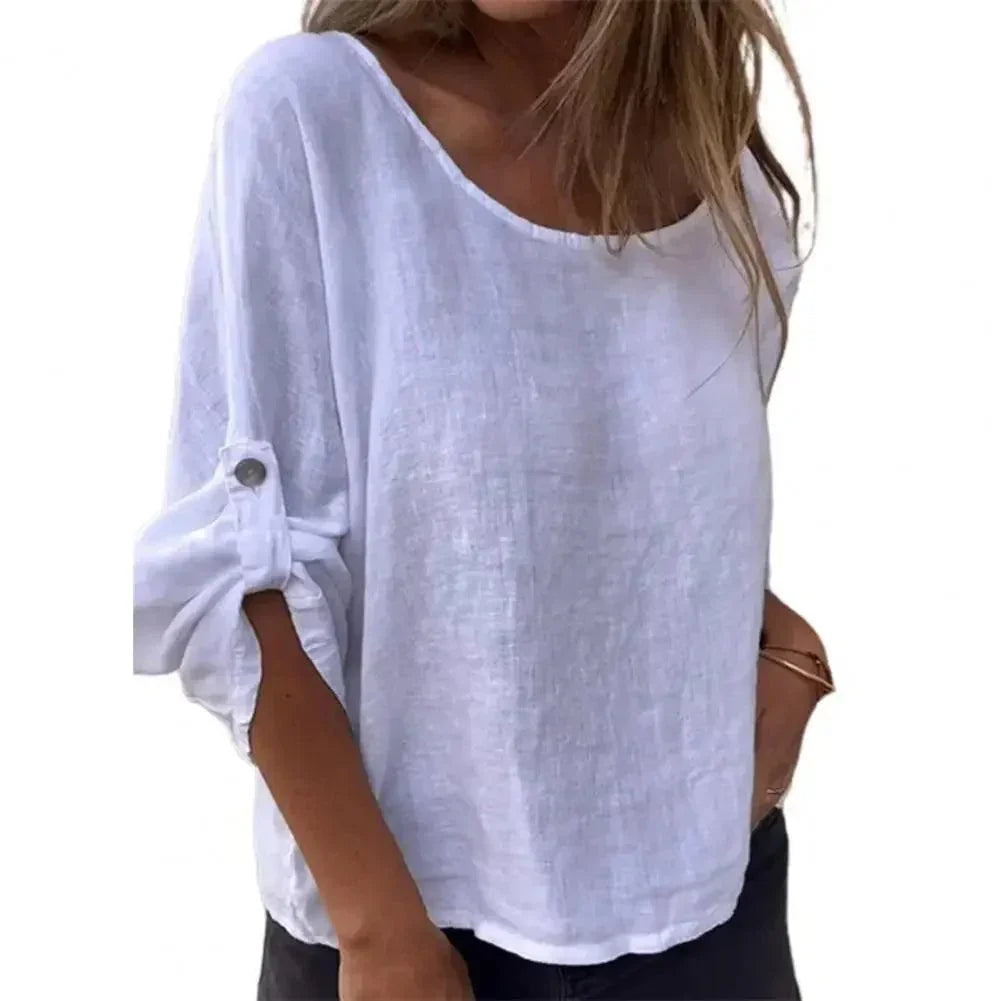 [Black Friday: Compre 1 e Leve 2] Blusinha Horizonte Sereno™ em Linho de Algodão / Leveza e Charme para Inspirar o Seu Dia com Conforto e Estilo!