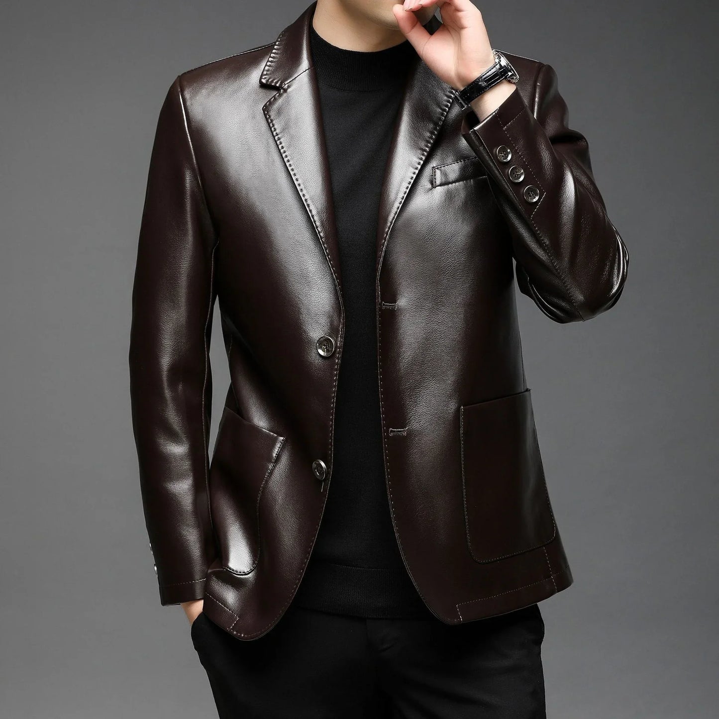 Jaqueta Mikkel™ Estilo Blazer em Couro Premium com Design Minimalista