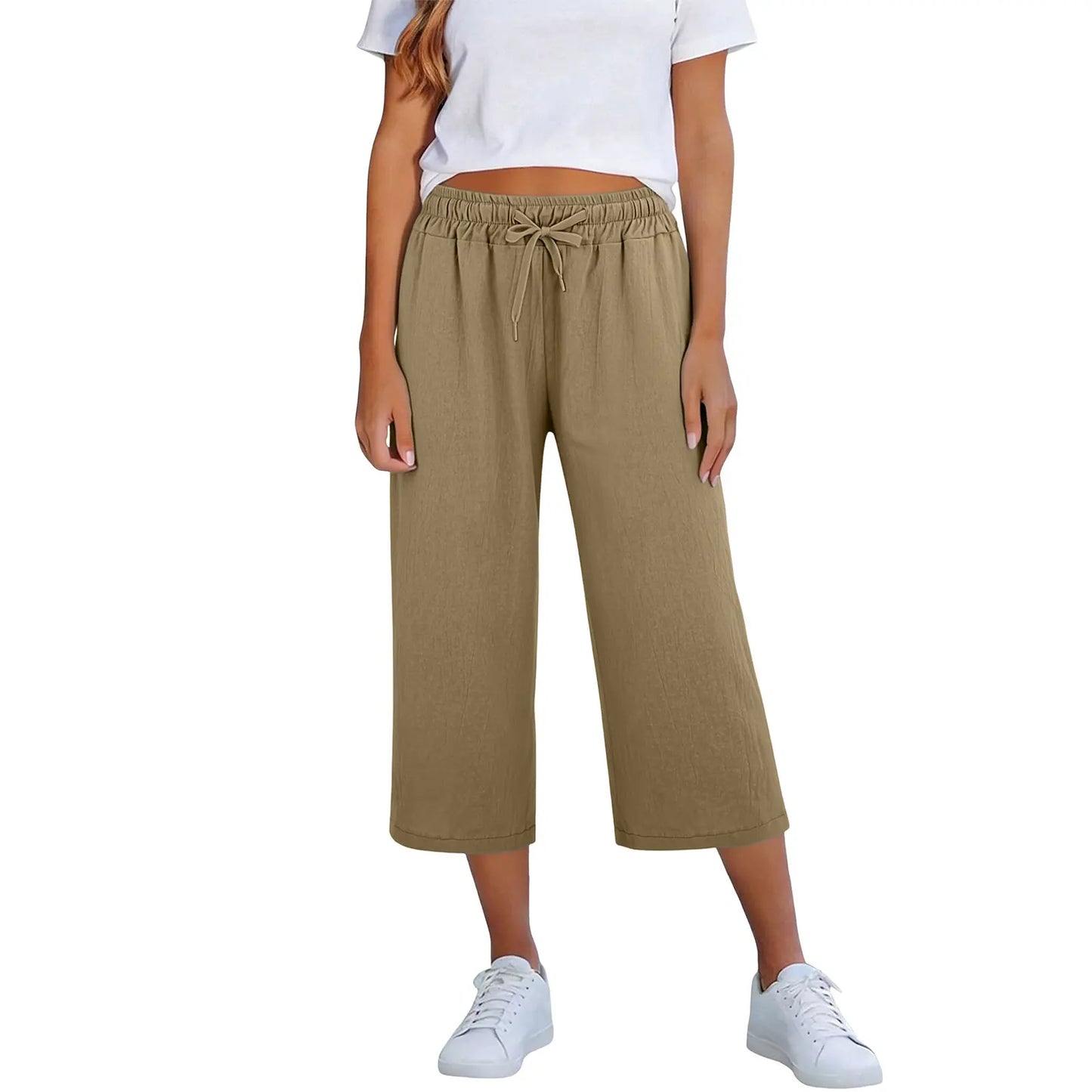 Calça Lisia™ Pantacourt em Linho de Algodão com Cintura Elástica e Cordão Ajustável / Conforto Leve Para Usar Todos Os Dias!