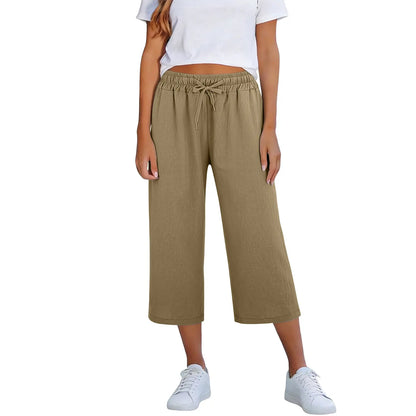 Calça Lisia™ Pantacourt em Linho de Algodão com Cintura Elástica e Cordão Ajustável / Conforto Leve Para Usar Todos Os Dias!