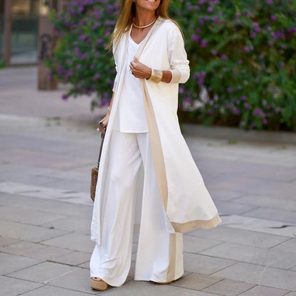Conjunto Seravelle™ com Cardigan Longo, Blusa de Decote em V e Calça Pantalona / Três Peças Para Um Visual Completo e Refinado