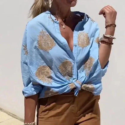 Camisa Palace™ em Algodão com Estampas Barrocas Bordadas em Dourado / A Sofisticação da Moda Europeia no Seu Estilo!