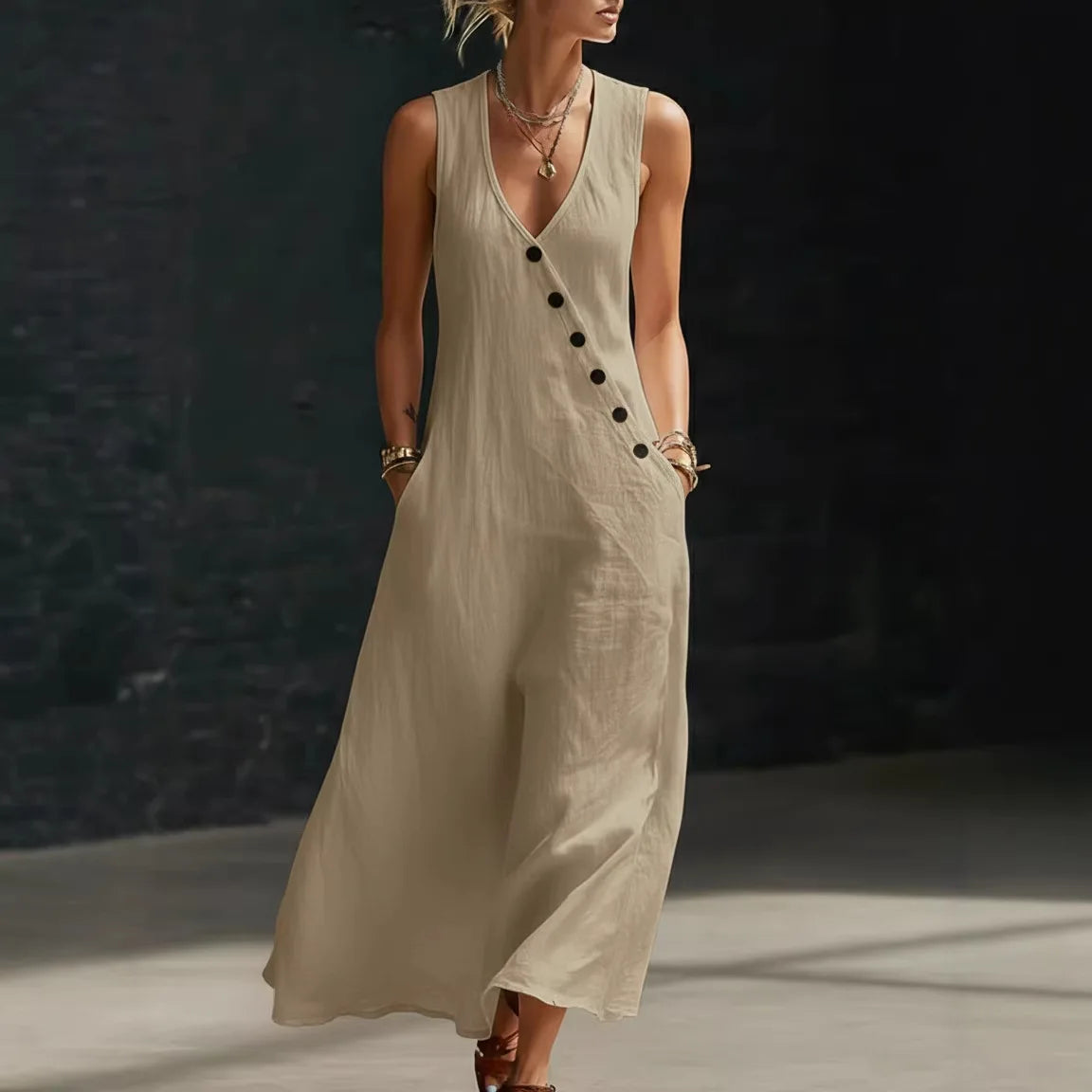 Vestido Midi Antonella™ com Botões Elegantes e Decote em V
