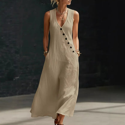 Vestido Midi Antonella™ com Botões Elegantes e Decote em V