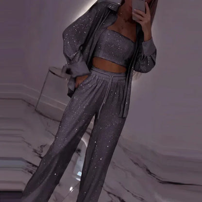 Conjunto Midnight™ com Pantalona, Top e Camisa Brilhante / O Glamour Moderno em Movimento!