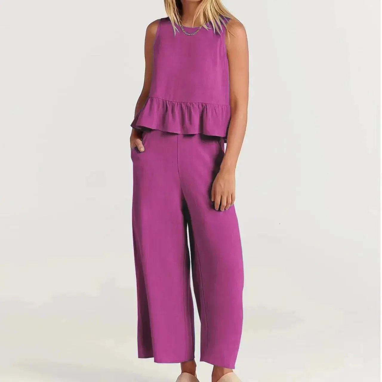 Conjunto Agatha™ Em Linho Misto com Babados / Minimalismo Elegante para Mulheres de Estilo!