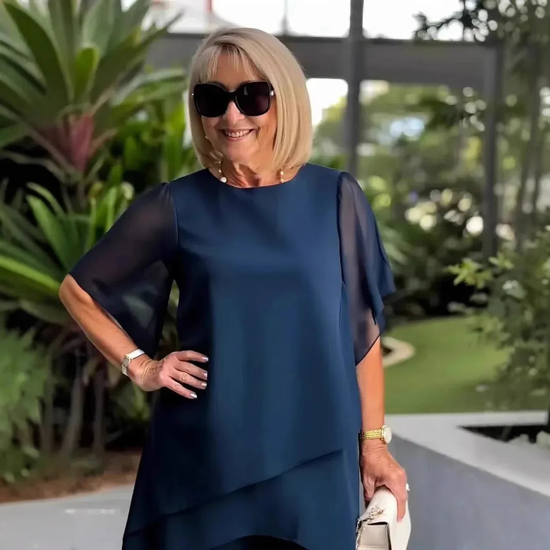 Conjunto Giorgia™ Blusa com Sobreposição em Camadas e Calça Minimalista
