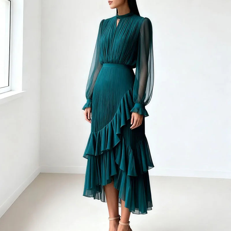 Vestido Lioren™ com Plissado Sofisticado e Babados Assimétricos