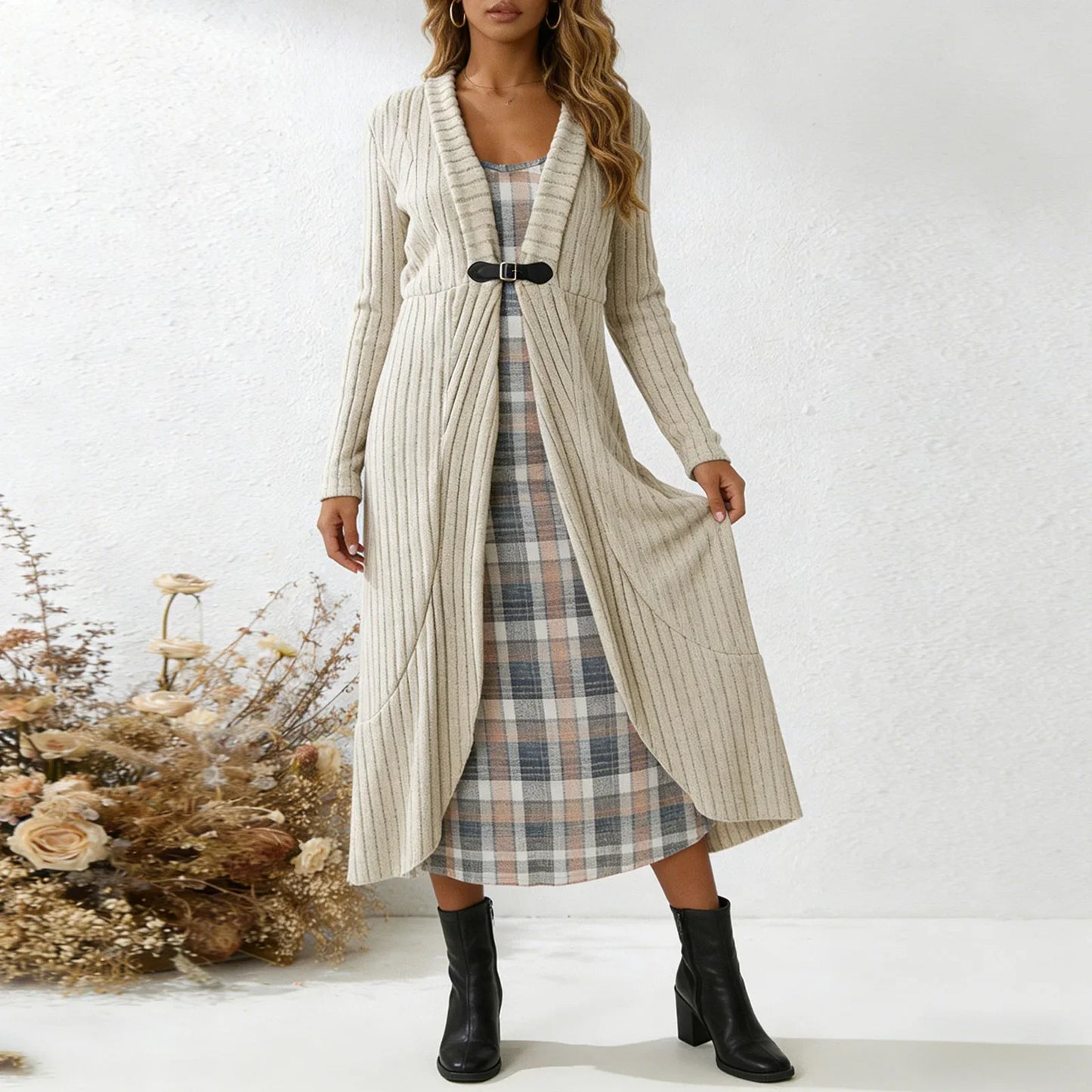 Conjunto Aurenza™ Com Vestido Xadrez e Cardigã Longo Em Tricô