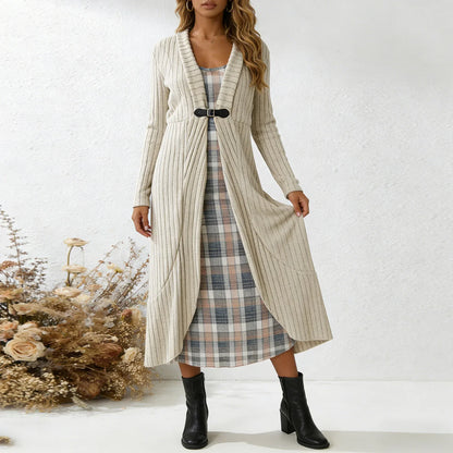 Conjunto Aurenza™ Com Vestido Xadrez e Cardigã Longo Em Tricô