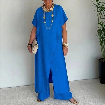 Conjunto Aurenya™ Com Túnica Assimétrica e Pantalona Fluida