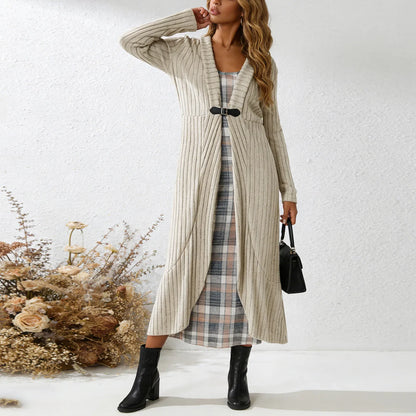 Conjunto Aurenza™ Com Vestido Xadrez e Cardigã Longo Em Tricô