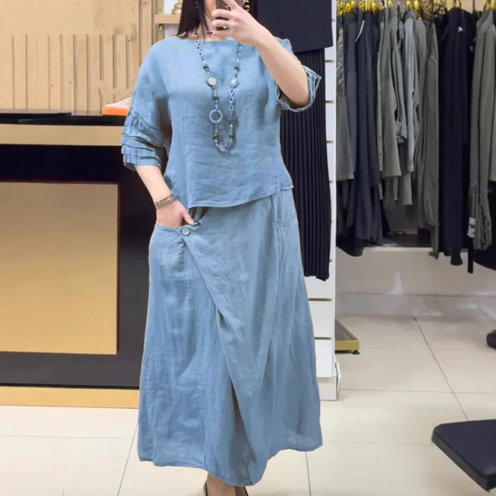Conjunto Bellarive™ Em Linho de Algodão Com Blusa Ampla e Saia Transpassada