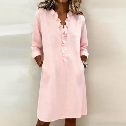 Vestido Calyra™ com Babados no Decote e Caimento Elegante