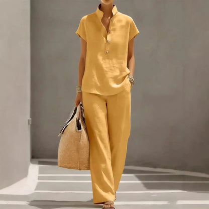 Conjunto Marelisse™ em Linho de Algodão Com Blusa Solta e Pantalona Fluida