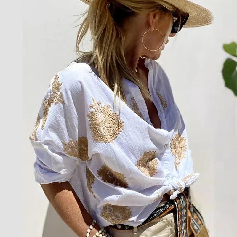Camisa Palace™ em Algodão com Estampas Barrocas Bordadas em Dourado / A Sofisticação da Moda Europeia no Seu Estilo!