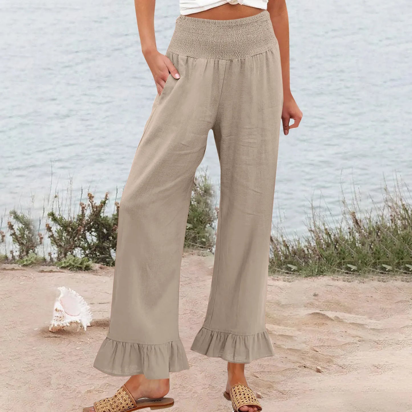 Calça Amaris™ em Linho com Algodão, Cintura Alta Modeladora e Babados Delicados
