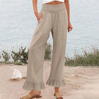Calça Amaris™ em Linho com Algodão, Cintura Alta Modeladora e Babados Delicados